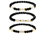 Glass Bead & Pearl Simulant Multi-Strand Gold Tone Necklace & Bracelet Set