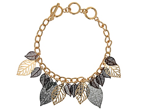 Gold Tone Toggle Bracelet with Hematine & Tri-Color Tone Leaf Charms