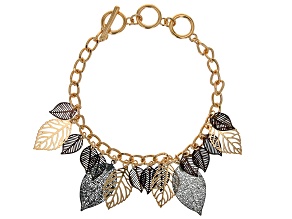 Gold Tone Toggle Bracelet with Hematine & Tri-Color Tone Leaf Charms