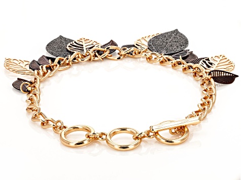 Gold Tone Toggle Bracelet with Hematine & Tri-Color Tone Leaf Charms
