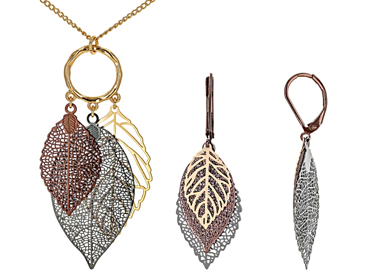 Tri-Color Tone Necklace & Earring Leaf Charm Set