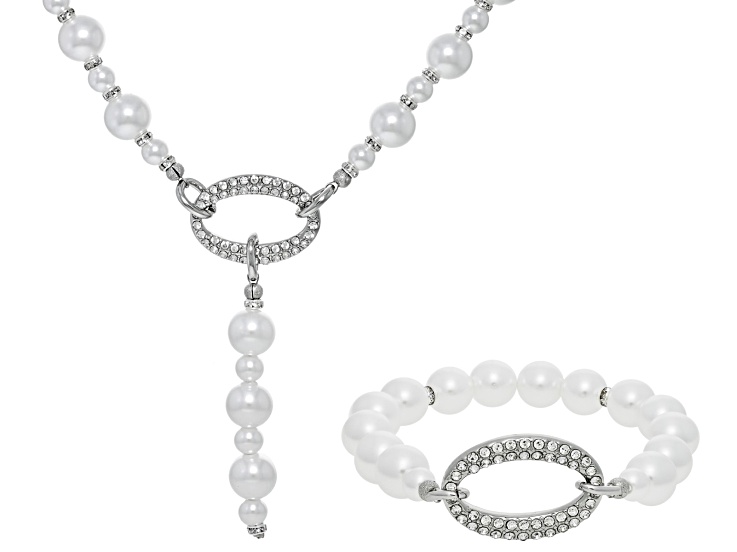 Pearl Simulant With White Crystal Silver Tone Necklace and Bracelet Set