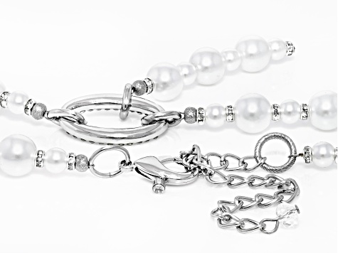 Pearl Simulant With White Crystal Silver Tone Necklace and Bracelet Set