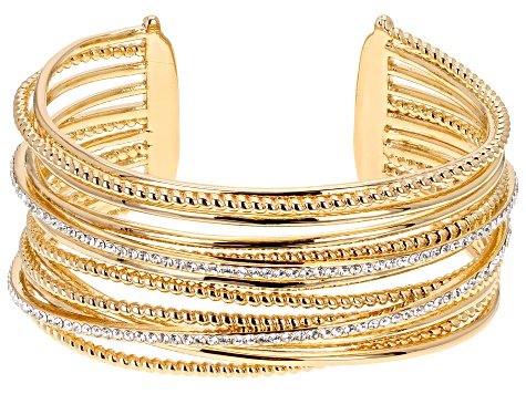 White Crystal Gold Tone Crossover Cuff Bracelet