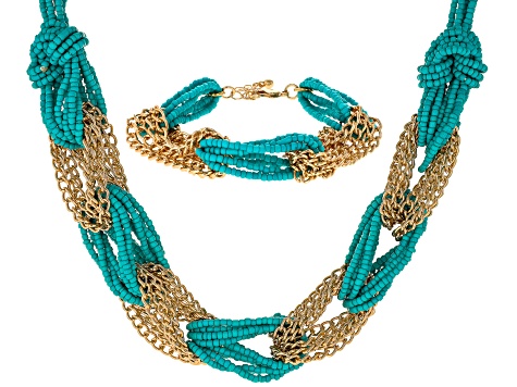 Blue Seed Bead Gold Tone Necklace & Bracelet Set - PDJ319 | JTV.com