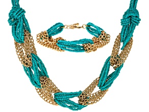 Blue Seed Bead Gold Tone Necklace & Bracelet Set