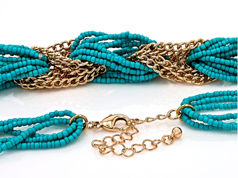 Blue Seed Bead Gold Tone Necklace & Bracelet Set
