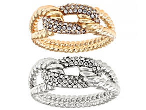 White Crystal, Gold & Silver Tone Set of 2 Rings