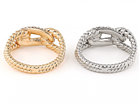 White Crystal, Gold & Silver Tone Set of 2 Rings
