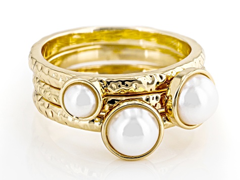 Pearl Simulant Gold Tone Set of 3 Rings