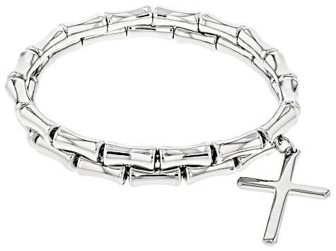 Acrylic Bead Silver Tone Set of 2 Bracelets With Cross Charm