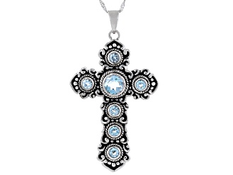 Sky Blue Topaz Rhodium Over Brass Cross Enhancer With Chain 4.04ctw