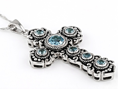 Sky Blue Topaz Rhodium Over Brass Cross Enhancer With Chain 4.04ctw