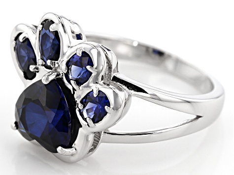 Blue lab created sapphire rhodium over sterling silver ring