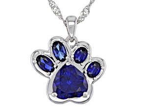 Blue lab created sapphire rhodium over silver paw print pendant with chain 2.56ctw