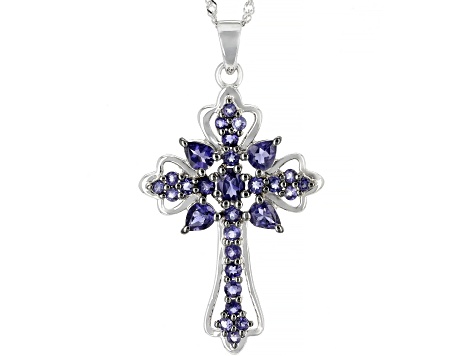 Sterling Silver 3.29ctw Black Spinel Cross Pendant With 18' Beaded Chain