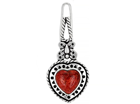 Pre-Owned Red Coral Rhodium Over Silver Heart Shape Hair Clip