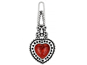 Pre-Owned Red Coral Rhodium Over Silver Heart Shape Hair Clip