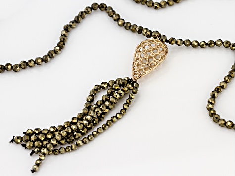 Green Pyrite Bead Tassel 10k Yellow Gold Necklace