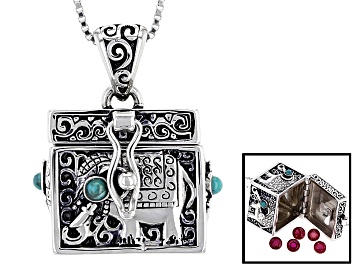 Picture of Blue Turquoise and Mahaleo Ruby Sterling Silver Prayer Box Pendant With Chain