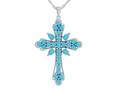 Blue Sleeping Beauty Turquoise Rhodium Over Sterling Silver Cross Pendant With Chain