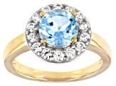 Round Glacier Topaz™ with White Zircon 18k Gold Over Sterling Silver Halo Ring. 2.02ctw