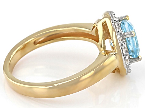 Round Glacier Topaz™ with White Zircon 18k Gold Over Sterling Silver Halo Ring. 2.02ctw