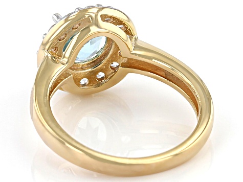 Round Glacier Topaz™ with White Zircon 18k Gold Over Sterling Silver Halo Ring. 2.02ctw