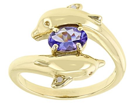 Blue Tanzanite 18k Yellow Gold Over Silver Dolphins Ring 0.65ctw