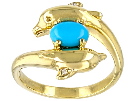 Blue Sleeping Beauty Turquoise 18k Yellow Gold Over Silver Dolphins Ring