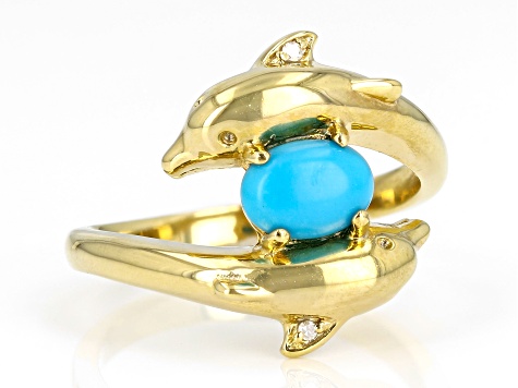 Blue Sleeping Beauty Turquoise 18k Yellow Gold Over Silver Dolphins Ring