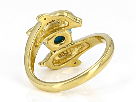 Blue Sleeping Beauty Turquoise 18k Yellow Gold Over Silver Dolphins Ring