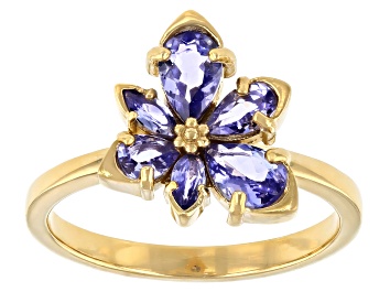 Picture of Blue Tanzanite 18k Yellow Gold Over Sterling Silver Asymmetrical Flower Ring 1.11ctw