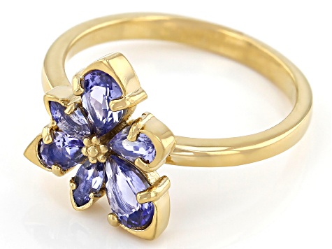 Blue Tanzanite 18k Yellow Gold Over Sterling Silver Asymmetrical Flower Ring 1.11ctw