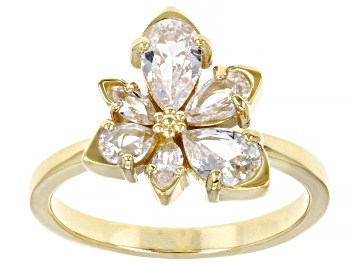Picture of White Lab Created Sapphire 18k Yellow Gold Over Sterling Silver Asymmetrical Flower Ring 1.27ctw
