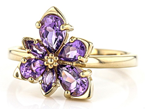 Purple African Amethyst 18k Yellow Gold Over Sterling Silver Asymmetrical Flower Ring .97ctw