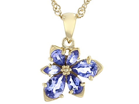 Blue Tanzanite 18k Yellow Gold Over Sterling Silver Asymmetrical Flower Pendant/Chain 1.11ctw