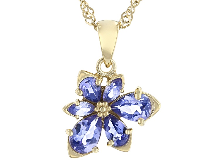 Blue Tanzanite 18k Yellow Gold Over Sterling Silver Asymmetrical Flower  Pendant/Chain 1.11ctw