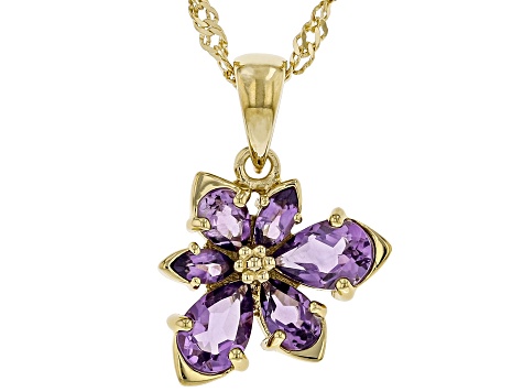 Purple African Amethyst 18k Yellow Gold Over Silver Asymmetrical Flower Pendant/Chain 1.28ctw