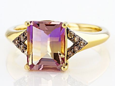 Barrel Ametrine and Champagne Diamonds 18k Yellow Gold Over Sterling Silver Ring 2.21ctw