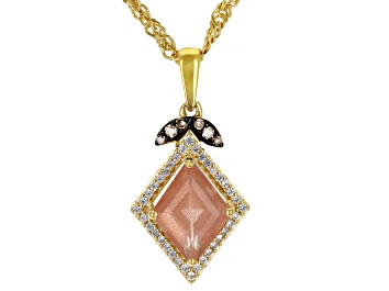 Picture of Rhombus Sunstone With Champagne Diamonds  and Zircon 18k Yellow Gold Over Silver Pendant