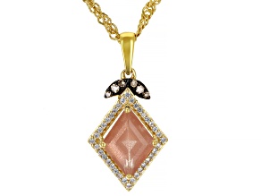 Rhombus Sunstone With Champagne Diamonds  and Zircon 18k Yellow Gold Over Silver Pendant