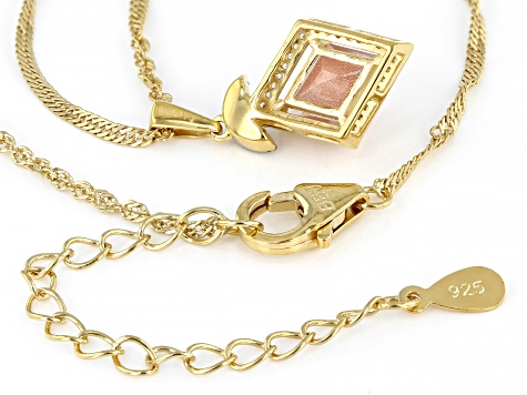 Rhombus Sunstone With Champagne Diamonds  and Zircon 18k Yellow Gold Over Silver Pendant