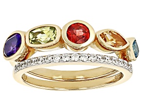 Multi Gem 18k Yellow Gold Over Sterling Silver Ring Set Of 2 1.35ctw