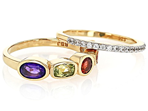 Multi Gem 18k Yellow Gold Over Sterling Silver Ring Set Of 2 1.35ctw