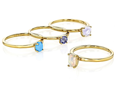 Multi Stone 18k Yellow Gold Over Sterling Silver 4-Piece Solitaire Ring Set 0.76ctw