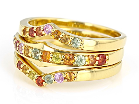 Multi Color Sapphire 18k Yellow Gold Over Sterling Silver Stackable Ring Set 0.75ctw