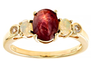 Indian Star Ruby 18k Yellow Gold Over Sterling Silver 3-Stone Ring