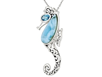 Picture of Larimar Cabochon With Blue Topaz .50ct Sterling Silver "Seahorse" Pendant With Chain