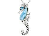 Larimar Cabochon With Blue Topaz .50ct Sterling Silver "Seahorse" Pendant With Chain